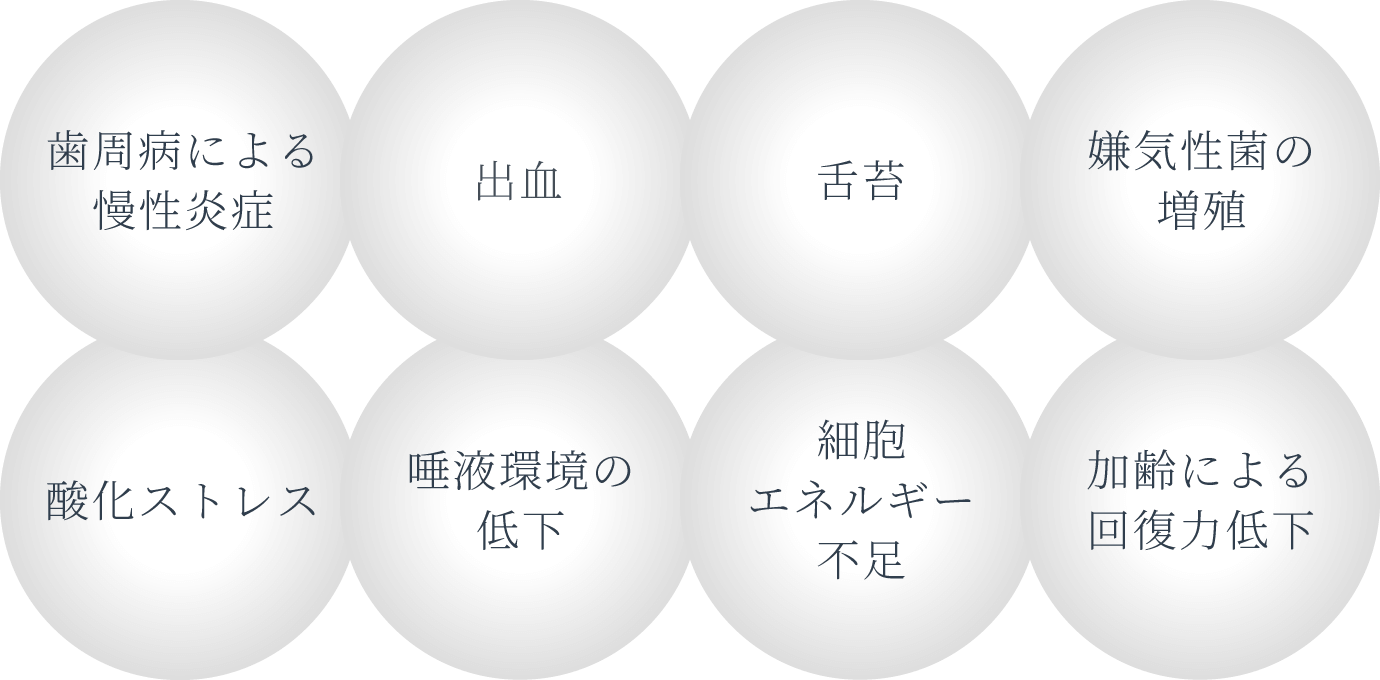 歯周病による慢性炎症、出血、舌苔、嫌気性菌の増殖、酸化ストレス、唾液環境の低下、細胞エネルギー不足、加齢による回復力低下