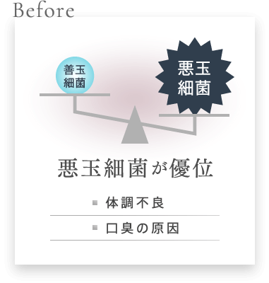 悪玉細菌が優位：体調不良、口臭の原因